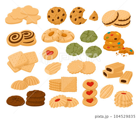 Cartoon cookies. Homemade chocolate and vanilla biscuits, tasty bakery product flat vector illustration set. Cookies collection 104529835