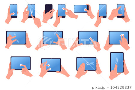 Screen touch gestures. Cartoon hands holding and using smartphone and tablet, tap, swipe, pinch, zoom and rotate gestures flat vector illustration set. Gadgets hands gestures collection 104529837