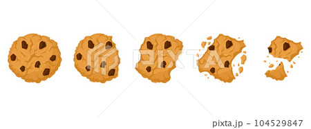Cookies eating process. Cartoon bitten chocolate chip crunchy biscuits, cookie crumbs flat vector illustration set. Sweet crumbled cookies Cookies eating process. Cartoon bitten chocolate chip crunchy biscuits, cookie crumbs flat vector illustration set. Sweet crumbled cookies 104529847