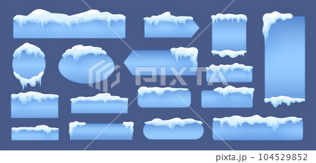 Snow caps banners, snowy icicle cap decorations. Winter banner with ice, decorative frozen graphic elements. Snugly christmas vector design 104529852