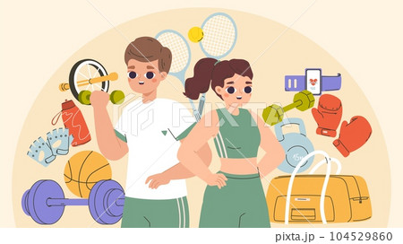 Fitness training concept. Young athletes, male female active workout characters. Healthy lifestyle, cartoon trainers or sport coach snugly vector scene Fitness training concept. Young athletes, male female active workout characters. Healthy lifestyle, cartoon trainers or sport coach snugly vector scene 104529860