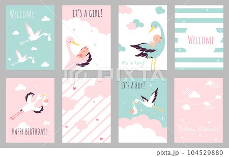 Baby shower party invitations and wishes printable cards. Cartoon stork flying with newborn babies, girl and boy. Festive nowaday vector banners 104529880