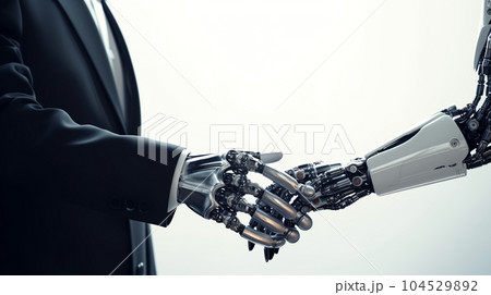 Robot holding hands with handshake, close up. Technology or machine learning concepts. Generative ai 104529892