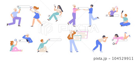 People and web search bars. Young woman man surf in internet, searching job, goods or info. Teenagers looking with magnifying glass snugly vector set People and web search bars. Young woman man surf in internet, searching job, goods or info. Teenagers looking with magnifying glass snugly vector set 104529911