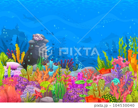 Underwater sea landscape with corals, reef and seaweeds. Cartoon vector background, vibrant seascape with colorful thriving ecosystem, and graceful weeds, creating a mesmerizing aquatic environment 104530040