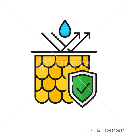 Waterproof protection icon water repellent surface. Vector water resistant sign, liquid drop, arrows and shield. Absorption material and shield quality mark 104530053