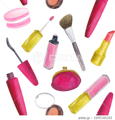 Seamless pattern mascara, blush, brush, lipstick, lip gloss, cosmetic bag, macarons. Watercolor illustrations on white background. Hand drawn. Pink Seamless pattern mascara, blush, brush, lipstick, lip gloss, cosmetic bag, macarons. Watercolor illustrations on white background. Hand drawn. Pink 104530183