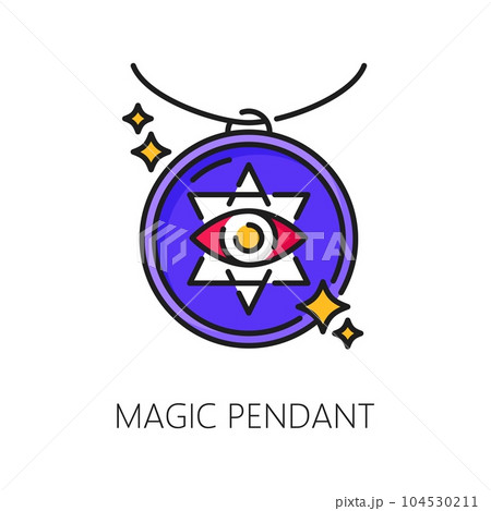 Magic pendant witchcraft and magic icon. Enchanting amulet with Providence eye, exuding mystical energy and captivating charm. Isolated vector linear sign of sparkling pendant evoke a sense of wonder Magic pendant witchcraft and magic icon. Enchanting amulet with Providence eye, exuding mystical energy and captivating charm. Isolated vector linear sign of sparkling pendant evoke a sense of wonder 104530211