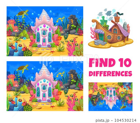 Find ten differences on underwater landscape. Difference search kids riddle, objects comparing child puzzle or quiz vector worksheet with sea shell and sunken ship, fantasy house on sea bottom 104530214