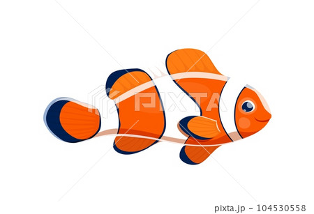 Cartoon clown fish sea animal. Isolated vector vibrant captivating underwater creature known for its unique pattern and symbiotic relationship with sea anemones. Adorable tropical marine clownfish 104530558