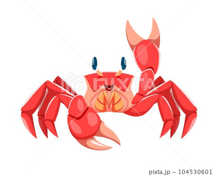 Sea crab character. Isolated cartoon vector marine animal with a hard exoskeleton, multiple legs, and pincers, known for its sideways scuttling and ability to adapt to various underwater environments 104530601