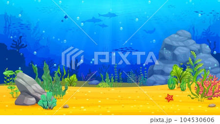 Underwater sea landscape, arcade game ocean level. Cartoon vector parallax background with sea bottom, fish shoal and dolphin silhouettes. Coral, plants and rocks. Tropical ocean floor, undersea world 104530606