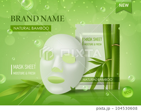 Facial cosmetic mask sheet package with bamboo. Beauty, skin care and spa product. Vector ads poster presenting luxurious natural treatment, which revitalizes the skin, providing refreshing experience 104530608