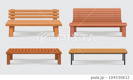 Benches. Realistic set of different wooden benches for urban park decent vector collection Benches. Realistic set of different wooden benches for urban park decent vector collection 104530612