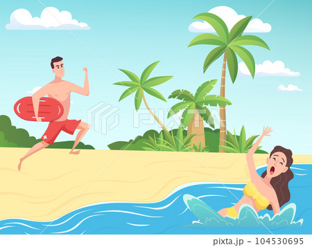 Woman is drowning. Marine rescue runs along the shore to help 104530695