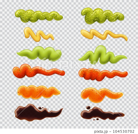 Realistic sauces drip, splash and stains. Ketchup, wasabi, soy or mustard and guacamole. Tabasco, tomato or chili vector wavy sauce strips set. Liquid splats and smear samples of savory seasonings 104530702