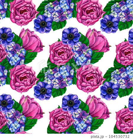 Hand drawn watercolor seamless pattern flowers violet anemone, tulips, pink peony and hydrangea. Spring floral botanical illustration isolated for wedding invitation, birthday and mothers day cards 104530732