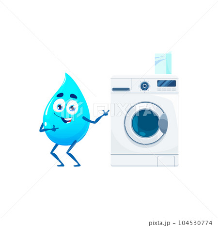 Cartoon happy water drop character with washing machine. Clean moisture droplet, washing detergent or aqua blue drip isolated vector funny mascot. Fresh water drop cheerful personage in laundry 104530774