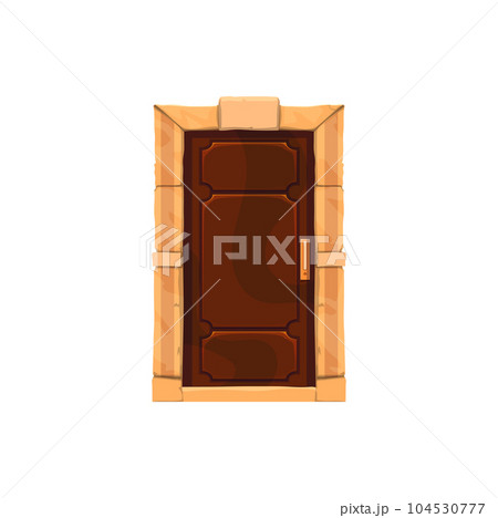 Brick doorway, front wooden door, cartoon entrance portal. Vector church, home or castle door, fantasy wooden entry. Antique ancient portal, ui game 104530777