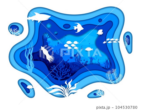 Silhouette sea paper cut landscape with underwater animals, fish and seaweeds, vector ocean background. Cartoon undersea world or coral reef life in papercut layers with shark, squid and turtle Silhouette sea paper cut landscape with underwater animals, fish and seaweeds, vector ocean background. Cartoon undersea world or coral reef life in papercut layers with shark, squid and turtle 104530780