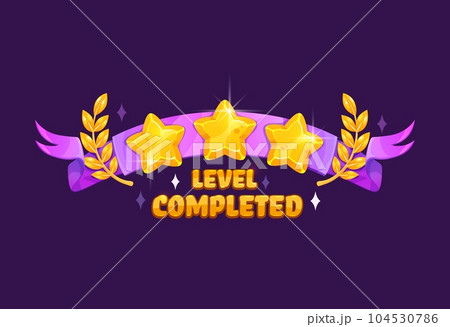 Game level complete with golden stars reward ribbon, vector GUI interface icon. Game level complete award popup badge with gold star and victory wreath on purple pink ribbon for arcade game win icon Game level complete with golden stars reward ribbon, vector GUI interface icon. Game level complete award popup badge with gold star and victory wreath on purple pink ribbon for arcade game win icon 104530786