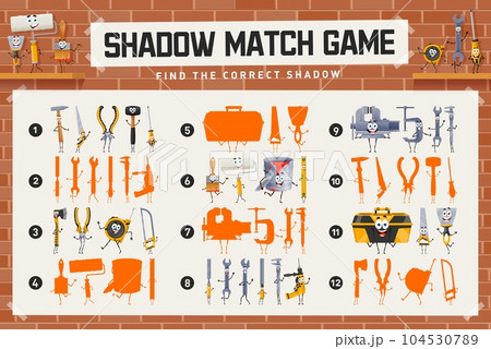 Shadow match game worksheet, cartoon repair, DIY and work tool characters, vector kids quiz. Find and match suitable shadow silhouette of funny hammer, toolbox and screwdriver, carpentry plane and saw Shadow match game worksheet, cartoon repair, DIY and work tool characters, vector kids quiz. Find and match suitable shadow silhouette of funny hammer, toolbox and screwdriver, carpentry plane and saw 104530789