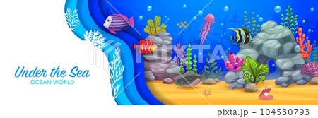 Cartoon underwater paper cut landscape banner with stingray, fish, jellyfish and sea bottom seaweeds, vector background. Undersea world and ocean coral reef tropical fishes and sunken ship in papercut 104530793
