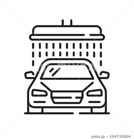 Car wash service, vehicle under shower water drops isolated outline icon. Vector washing at transport station, automobile cleaning and care sign Car wash service, vehicle under shower water drops isolated outline icon. Vector washing at transport station, automobile cleaning and care sign 104530804
