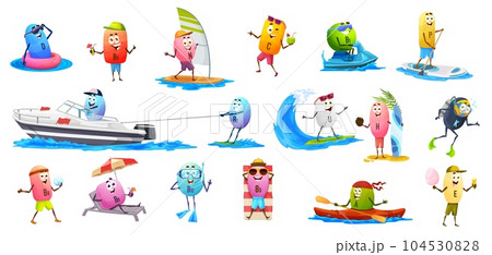 Cartoon vitamin characters on summer vacation. Vector b9 and b6, b2, u, c and e, P, n, b1, a and h, d, and k capsule pill personages on summer beach sports and vacation 104530828