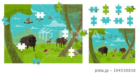 Cartoon forest animals and birds. Jigsaw puzzle game pieces. Right fragment match game, figure search puzzle or correct piece connect vector worksheet with bison, deer, quail and pheasant, duck animal Cartoon forest animals and birds. Jigsaw puzzle game pieces. Right fragment match game, figure search puzzle or correct piece connect vector worksheet with bison, deer, quail and pheasant, duck animal 104530838