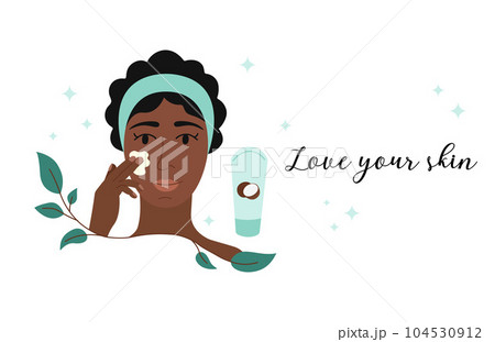 Love your skin. Skincare card, poster, banner with text. Woman applying moisturizer to face. Vector flat illustration of organic cosmetic product Love your skin. Skincare card, poster, banner with text. Woman applying moisturizer to face. Vector flat illustration of organic cosmetic product 104530912