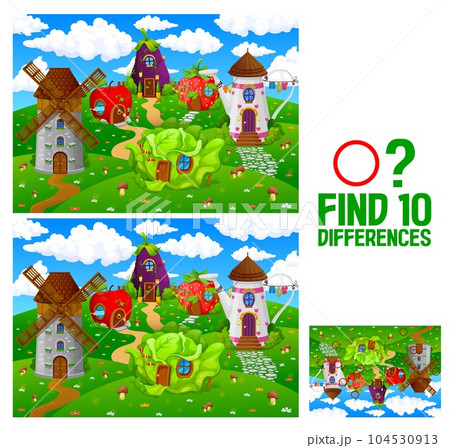 Find ten differences in cartoon fairytale houses village, vector puzzle worksheet. Kids quiz game to find ten differences of fairy or gnome dwellings in windmill, watering can and apple or strawberry Find ten differences in cartoon fairytale houses village, vector puzzle worksheet. Kids quiz game to find ten differences of fairy or gnome dwellings in windmill, watering can and apple or strawberry 104530913