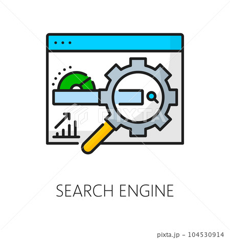 Search engine icon, SEM or search engine marketing and content management, line vector. Website search pictogram of webpage magnifier for SEM or SEO in internet media and online content optimization 104530914