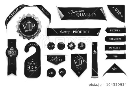 Silver luxury labels and banners, ribbons or VIP badges and premium quality stickers, vector signs. Best product certificate labels and silver black emblems or VIP tags for exclusive high quality Silver luxury labels and banners, ribbons or VIP badges and premium quality stickers, vector signs. Best product certificate labels and silver black emblems or VIP tags for exclusive high quality 104530934