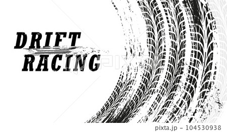 Drift racing background with grunge tire tracks, vector race sport, rally or motorsport. Drift marks of race car, motorcycle or bike wheel tyres with dirty texture of tire tread pattern Drift racing background with grunge tire tracks, vector race sport, rally or motorsport. Drift marks of race car, motorcycle or bike wheel tyres with dirty texture of tire tread pattern 104530938