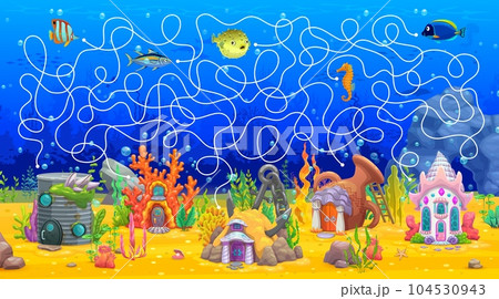 Labyrinth maze game. Help to fish find himself fairytale underwater house. Find way kids puzzle, maze quiz vector worksheet with seashell, coral, oil barrel and ceramic pot houses on sea bottom 104530943
