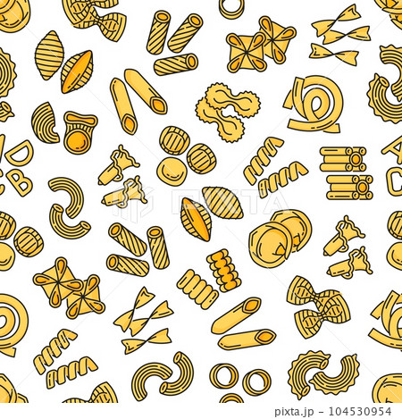Pasta type outline seamless pattern. Wrapping paper outline vector backdrop, textile or fabric print with line konkiloni, farfalle, maccheroni, tortelloni and rigatoni, eliche, filini Italian pasta 104530954