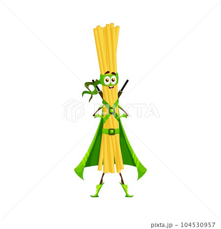 Cartoon superhero pasta character, bucatini in super hero costume, vector warrior. Kids funny character of Italian pasta, bucatini superhero knight or guardian in green mask and power cape with swords Cartoon superhero pasta character, bucatini in super hero costume, vector warrior. Kids funny character of Italian pasta, bucatini superhero knight or guardian in green mask and power cape with swords 104530957