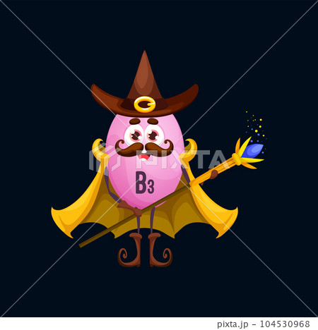 Cartoon vitamin B3 wizard character personage. Vector niacin capsule in sorcerer pointed hat and cloak. Nutritional supplement warlock holding magic staff. Isolated moustached mage pill nutrient Cartoon vitamin B3 wizard character personage. Vector niacin capsule in sorcerer pointed hat and cloak. Nutritional supplement warlock holding magic staff. Isolated moustached mage pill nutrient 104530968