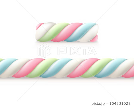 Realistic marshmallow, isolated 3d vector sweet, fluffy confection made from sugar, corn syrup, and gelatin. Twisted white, pink, blue and green pastel colored candy, snack with soft gummy texture 104531022