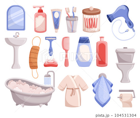 Set Of Bath Accessories Includes Items Such As Soap Dispenser, Toothbrush, And Toilet Paper and Bowl, Robe, Comb 104531304