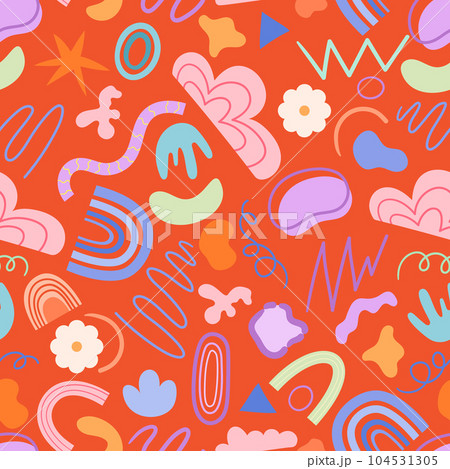 Cute Childish Drawing Seamless Pattern With Doodle Elements, Vibrant Colors, And Imaginative Motifs, Vector Illustration 104531305