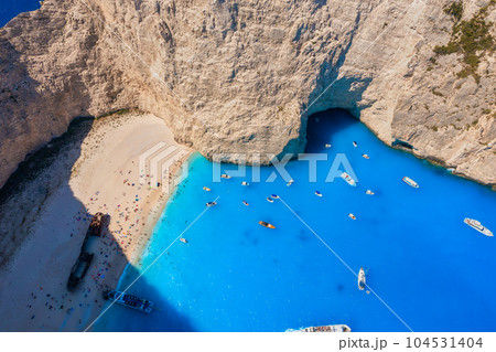 View of Navagio beach, Zakynthos Island, Greece. Aerial landscape. Azure sea water. 104531404