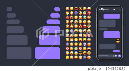 Smartphone messaging app, user interface with emoji. SMS text frame. Chat screen, violet message bubbles. Texting app for communication. Social media application. Dark mode. Vector illustration 104532022