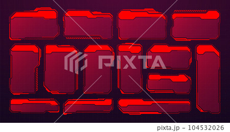 Red futuristic HUD or UI elements. Sci-fi user interface text boxes, callouts. Warning message frames, information boxes template. Modern game interface layout in digital style. Vector illustration Red futuristic HUD or UI elements. Sci-fi user interface text boxes, callouts. Warning message frames, information boxes template. Modern game interface layout in digital style. Vector illustration 104532026
