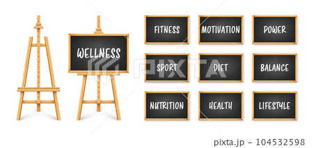 Black chalkboard on wooden easel. Blackboard in wooden frame on a tripod. Presentation board with text, writing or drawing surface. Wellness, healthy lifestyle and motivation. Vector illustration 104532598