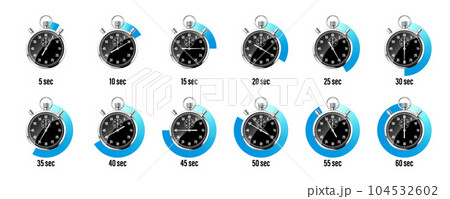 Realistic classic stopwatch. Shiny metal chronometer, black time counter with dial. Blue countdown timer showing minutes and seconds. Time measurement for sport, start and finish. Vector illustration 104532602