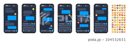 Smartphone messaging app, user interface with emoji. SMS text frame. Chat screen, blue message bubbles. Texting app for communication. Social media application. Dark mode. Vector illustration Smartphone messaging app, user interface with emoji. SMS text frame. Chat screen, blue message bubbles. Texting app for communication. Social media application. Dark mode. Vector illustration 104532631