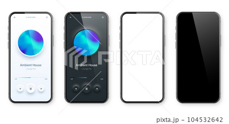 Online audio player user interface, smartphone app UI design. Music, media streaming and listening platform. Responsive mobile application. Neumorphism, neumorphic style. Vector illustration. 104532642