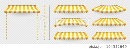 Yellow shop sunshade with stand holders. Realistic striped cafe awning. Outdoor market tent. Roof canopy. Summer street store. Vector illustration Yellow shop sunshade with stand holders. Realistic striped cafe awning. Outdoor market tent. Roof canopy. Summer street store. Vector illustration 104532649